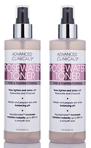 Advanced Clinicals Collagen + Rosewater Facial Mist Toner W/Charcoal & Aloe Vera. Alcohol-Free PH Balancing Formula Detoxifies & Hydrates Skin Improving Overall Skin Tone, Face Mist, 8 Fl Oz, 2-Pack