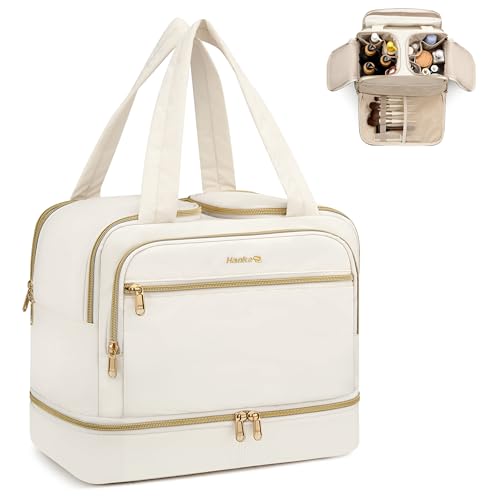 Hanke Travel Toiletry Bag, Lightweight Wide-open Large Toiletry Bags for Women, Dual-Layer Makeup Bag Water-Resistant Cosmetic Travel Bag with Handle for Accessories, Essentials, Off White