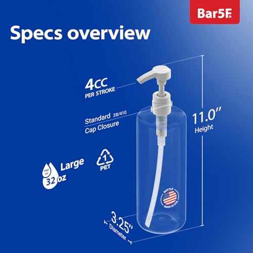 Bar5F Pump Bottle (2-Pack 32-Ounce 1-Liter) Empty for Shampoo Conditioner Body Wash Lotion BPA-Free Crystal-Clear