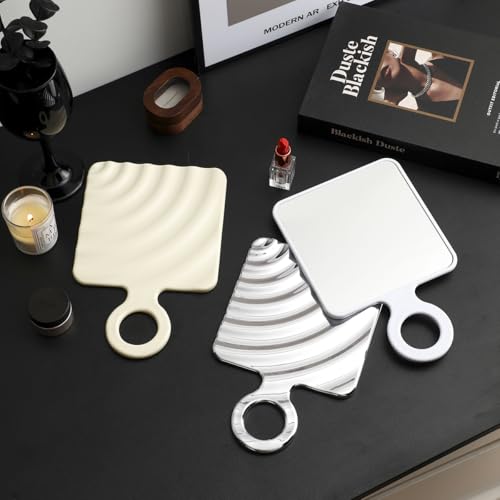 Funerom Square Hand Mirror with Handle for Women, White, 9 x 5.9 Inches - Travel-friendly Vanity Accessory