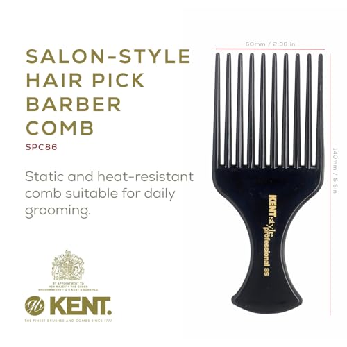 Kent SPC86 Black Salon-Style Professional Pick and Barber Comb - Afro Parting Comb for the Care of Curly and Thick Hair - Sleek style comb,Anti-Fatigue with a Rubberized Professional Finish