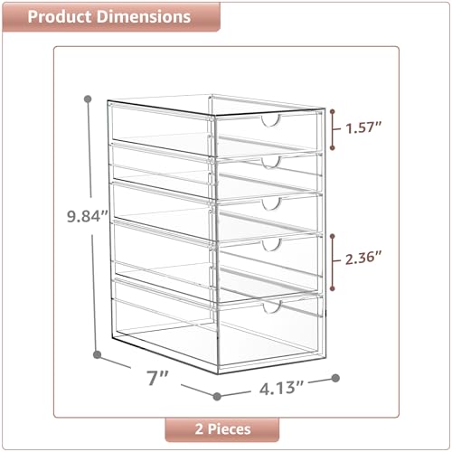 Sorbus Makeup Organizer With 10 Drawers, Acrylic Drawer Organizer for Makeup, Office Organization and Storage, Art Supplies, Jewelry, Stationary - 2 Pcs Clear Stackable Storage Bins Organizer Drawers