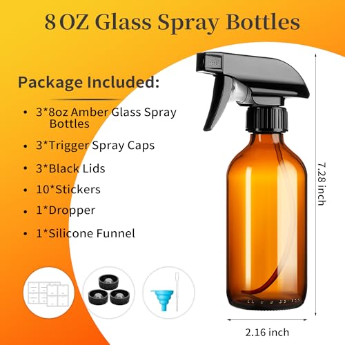 Vitreaux 8oz Amber Glass Spray Bottles, 3 Pack with Adjustable Nozzle