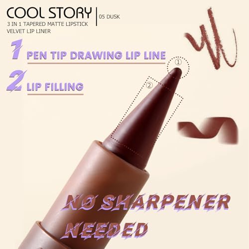 COOL STORY Matte Lip Liner and Lipstick Crayon Shape And Tapered Tip for Perfect Contour and Gradient Effect Waterproof Eyeliner Lip Pencil 3-in-1 Makeup Lip Combo 5#