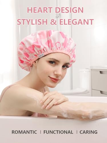 Pink Reusable Waterproof Shower Cap for Women - Double Layer Hair Cover, One Size