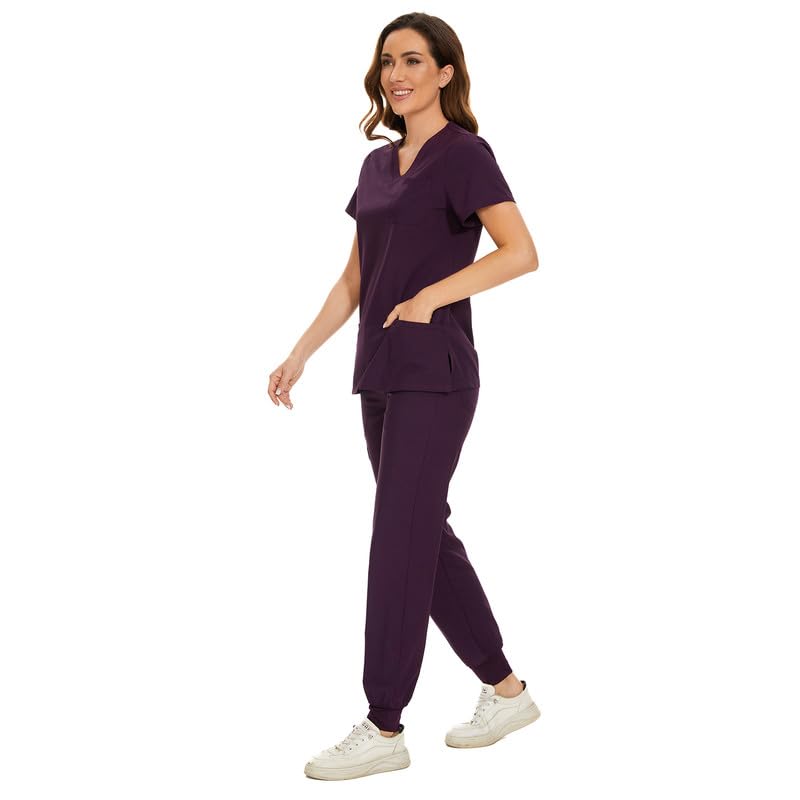 COZYFIT Scrubs for Women Set - Stretch V-Neck Scrub Top & Jogger Pant with 8 Pockets, Yoga Waistband, Anti Wrinkle, Slim Fit Women Scrubs