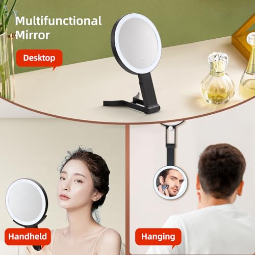 1x 10x Magnifying Makeup Mirror with Light, Double-Sided Magnifying Travel Makeup Mirror Rechargeable Three in One Handheld Desktop Hanging with 3-Color Light LED