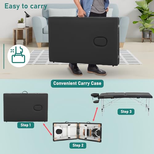 24" Black Portable Massage Bed - Foldable & Adjustable Aluminium Frame, 2 Fold Version