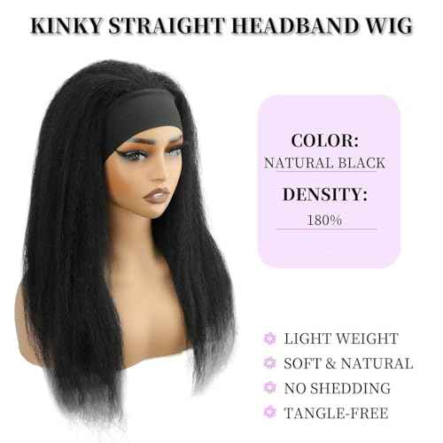 Kinky Straight Headband Wig 16 Inch Human Hair Headband Wigs for Black Women Glueless Yaki Straight Human Hair Headband Wigs Natural Black color