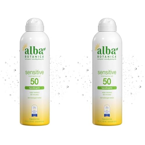 Alba Botanica Sensitive Sunscreen Spray for Face and Body, Fragrance-Free, Broad Spectrum SPF 50, Water Resistant, 5 fl. oz. Bottle (Pack of 2)