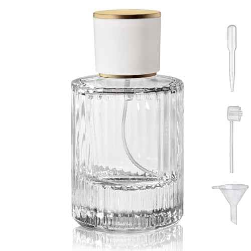 50ml/1.7 Oz Glass Spray Bottle Perfume Atomizer,Round Glass Perfume Travel Refillable Spray Bottle Empty with 3 Kinds of Dispenser (Clear1)