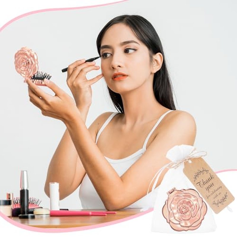 50 Sets Rose Compact Mirrors Brush Bulk Quinceanera Wedding Party Favors for Guests Rose Makeup Mirror with Thank You Tag Twine and Organza Bag for Bridal Shower Souvenir Gift