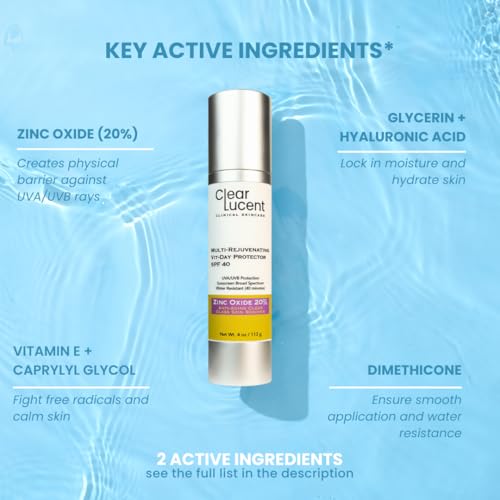 Multi Rejuvenating Vit-Day Protector Sunscreen SPF 40 ? 20% Zinc Oxide, Mineral Face Sunscreen | Invisible, Reef-Safe, Water-Resistant, Hydrating SPF with Hyaluronic Acid | 4.0 oz