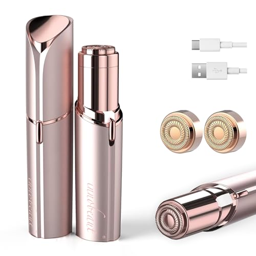 Painless Facial Hair Remover for Women - Rechargeable, Rose Gold, Portable with 2 Replacement Heads