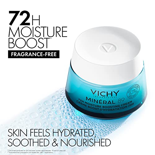 Vichy Mineral 89 Fragrance Free Cream, 72H Moisture Boosting Lightweight Cream | Hydrating Face Moisturizer with Hyaluronic Acid and Niacinamide | Suitable for All Skin Types