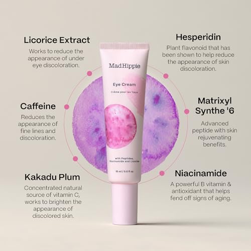 Mad Hippie Eye Cream - Anti-Aging Under Eye Cream for Dark Circles and Puffiness with Niacinamide, Peptides, Kakadu Plum & Licorice, Eye Treatment with Skin-Brightening Vitamin C, 0.5 Oz