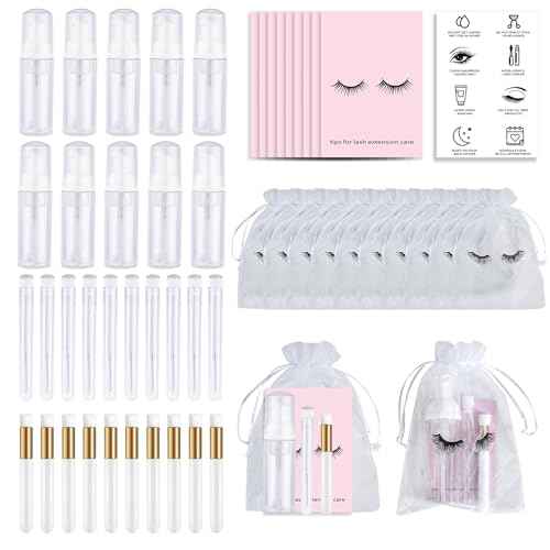50PCS Lash Shampoo Bottles Brushes Set, Empty Lash Shampoo Bottle, Lash Cleaning Brush, Eyelash Extension Tube Brush, Instructions Cards, Aftercare Bags for Lash Business Clients (50pcs in white)