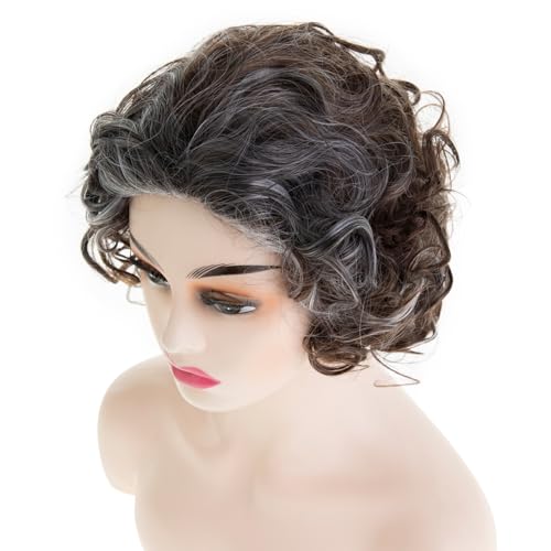 Short Brown Mixed Grey Curly Bob Wig for Women - Cosplay Hair