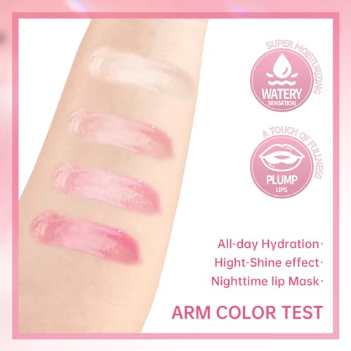 4 Colors Hydrating Lip Oil Plumping + Lip Liner Set, Shiny Glow Reviver Lip Care Oil, Moisturizing Big Brush Head Clear Pink Glitter Transparent Lip Gloss Combo Makeup Present for Women