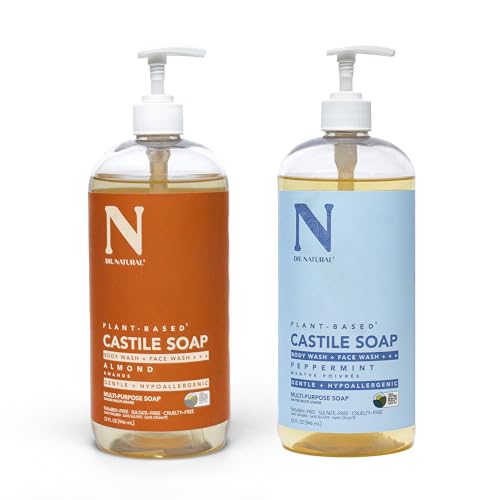 Castile Liquid Soap Kit by Dr. Natural for Unisex - 2 Pc Kit 32oz Liquid Soap - Peppermint, 32oz - Almond