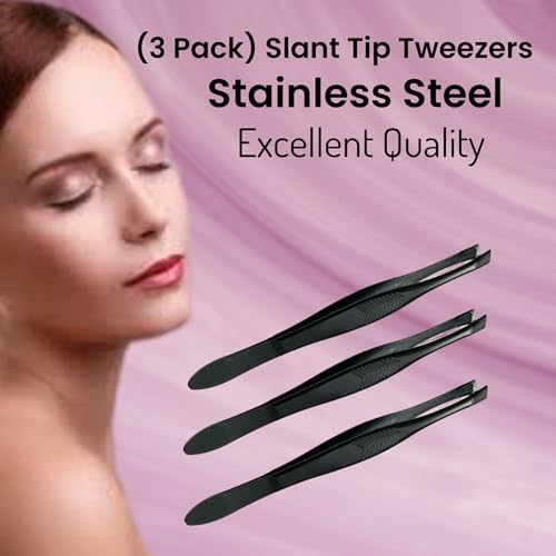 Premium Slant Tip Stainless Steel Tweezers for Eyebrows — Ribbed Grip, Professional Facial Hair Removal