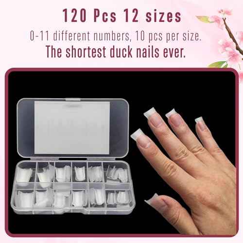 NOVO OVO Duck Nail Tips Extra Short Full Cover Press on, Pre-etched for Acrylic Design, Clear Pre-applied Tip Primer Soft Gel Y2K Flare Fake False Nail Extension Full Coverage x 12 Sizes 120 pcs