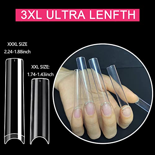 No C Curve 3XL Long Square Nail Tips for Acrylic Nails Professional, SWETIDY 360PCS Clear Straight Flattened Half Cover False Nails Tips with Case for Nail Salons and Home DIY, 12 Sizes