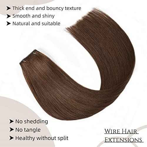 Wire Hair Extensions Real Human Hair 18 inch 100g Brown #4 Remy Wire Hair Extensions Hairpieces with Invisible Transparent Fish Line Natural Straight Fish Wire Hair