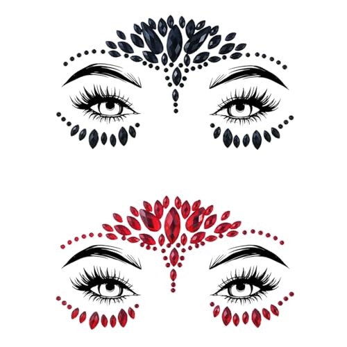 2 Packs Face Gems Jewels Black and Red for Halloween Festival Face Gems Tattoo Stickers Rhinestone Crystal Body Gems Stones for Women Party Costume Makeup