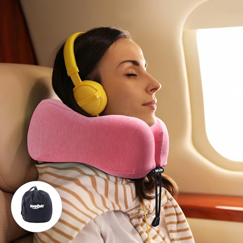 napfun Neck Pillow for Traveling, Upgraded Travel Neck Pillow for Airplane 100% Pure Memory Foam Travel Pillow for Flight Headrest Sleep, Portable Plane Accessories, Rose