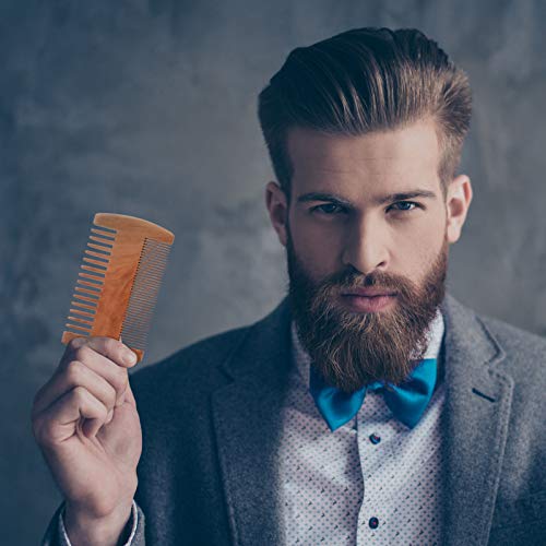 Natural Sandalwood Dual Action Beard & Moustache Combs with Faux Leather Cases (6 Pieces, Yellow)
