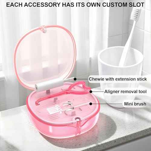 Pink Aligner and Retainer Case Double-layer Cute Slim Braces Night Mouth Guard Case with Remover Tool, Chew and Cleaning Brush, Built in Mirror Orthodontic Dental Retainer Container