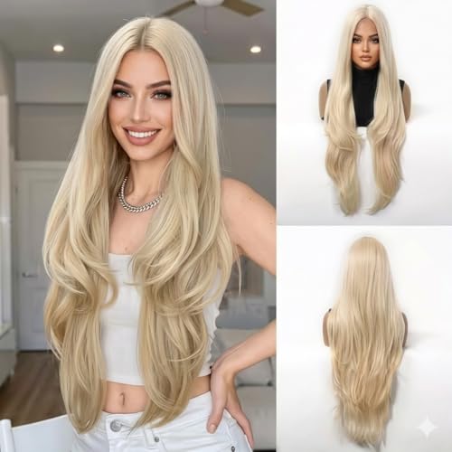 Long Wavy Blonde Wigs for Women - Natural 30 Inch Curly Middle Part Synthetic Hair for Daily & Party Wear