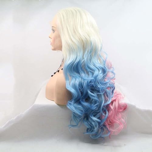 Xiweiya Wig 60# Platinum Blonde Ombre Blue Mixed Pink Lace Front Wig Long Body Wavy 3 Tones Synthetic Lace Front Wig Heat Resistant Fiber Wig for Woman Halloween Harley Quinn Cosplay 24inch