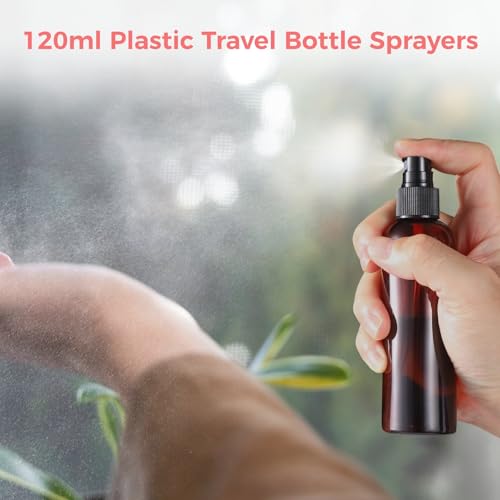 90 PCS Amber Plastic Spray Bottles 4 oz - 120ml Plastic Travel Sprayer Set Brown PET Bottles with Black Nozzles for Liquids, Perfumes, Cosmetics, and More