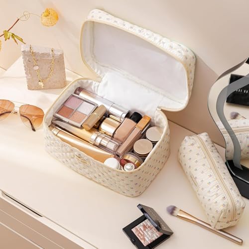 HBselect Quilted Makeup Bag Set, 3-Piece Cotton Travel Organizer