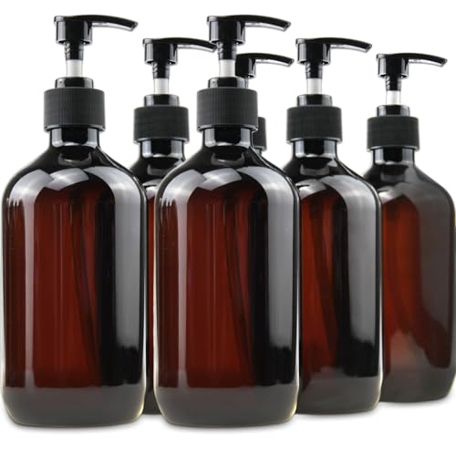 FOOCHY Amber 500ml Pump Dispenser Bottles - 6 Pack, Reusable Plastic