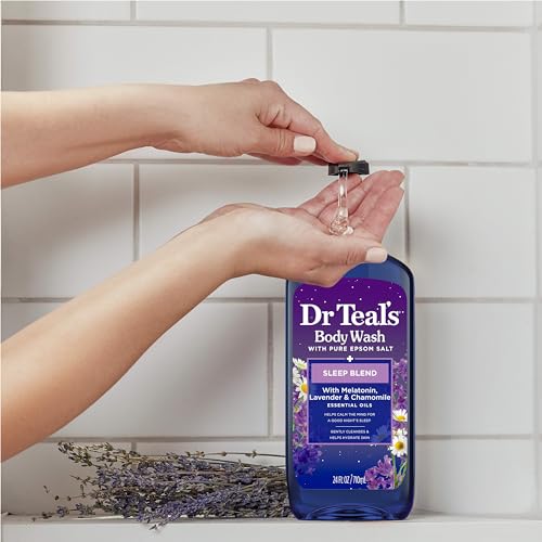 Dr Teal's Body Wash with Pure Epsom Salt, Sleep Blend with Melatonin, Lavender & Chamomile Essential Oils, 24 fl oz (Pack of 4) (Packaging May Vary)