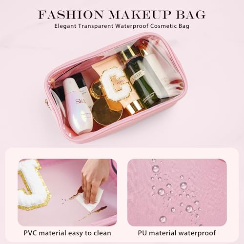 Initial Clear Makeup Bag for Women - Travel Toiletry Bag, Portable Waterproof Cosmetic Bag Travel Essentials Birthday Gifts for Women (Pink Letter R)