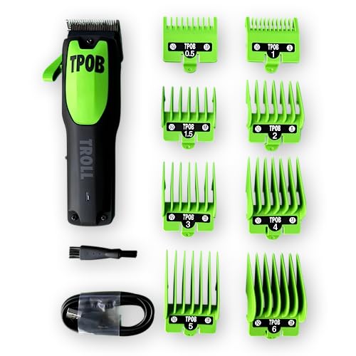 TPOB Troll Professional Barber Hair Clipper 6800 RPM Super Torque Motor with DLC Fade Blade for The Closest Haircut and Beard Trims for Men (Black/Green)