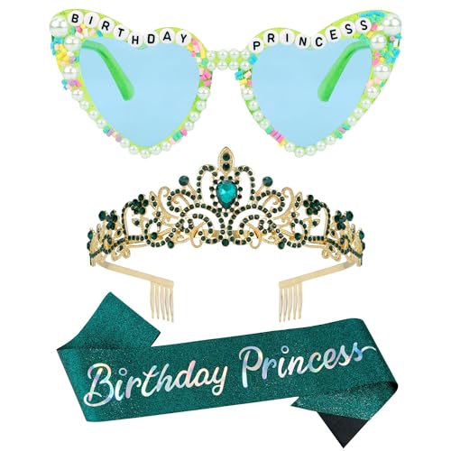 Green Birthday Princess Tiara Crown & Sash Set for Women Girls