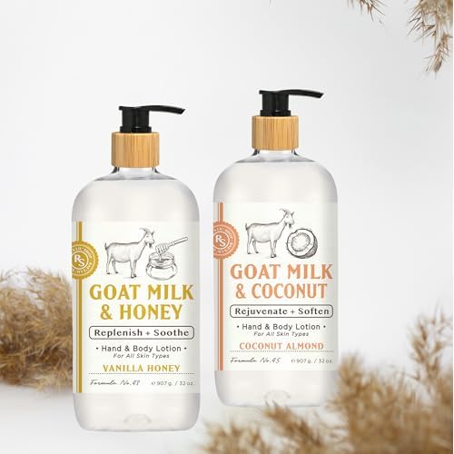 Raes Lil Shop Goats Milk Hand & Body Lotion, Coconut Almond and Vanilla Honey Scents, 32 oz Set of 2 by Home and Body Company