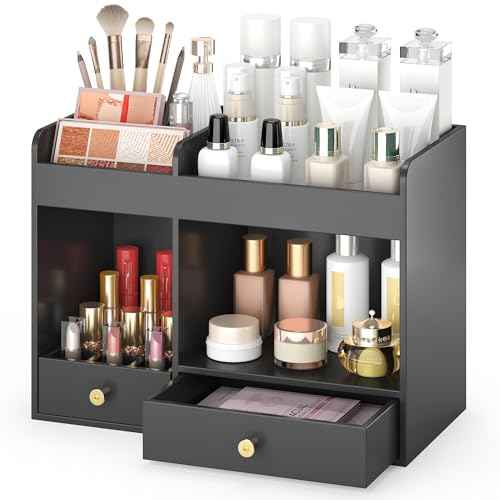 Large Makeup Organizer with Drawers, Bamboo Countertop Cosmetic Storage for Dresser Vanity Organizer Beauty Desk Skincare Holders Container Make Up Organizing for Lipstick