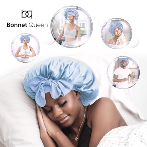 BONNET QUEEN Silk Bonnet for Sleeping Women Satin Bonnet Hair Bonnet Night Sleep Cap Scarf wrap for Curly Hair with tie Band Light Blue