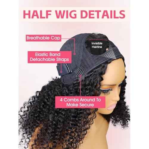 ORIGINAL QUEEN Kinky Curly Half Wig Human Hair 3 In 1 Seamless Flip Over Glueless Wigs for Women Wear Go Wig with Adjustable String Invisible Hairline Beginner Friendly 24Inch