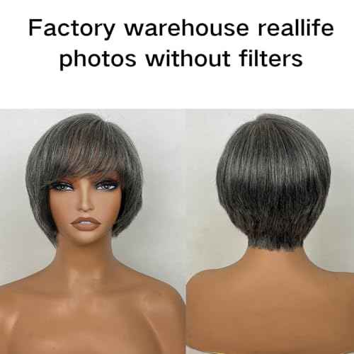 Salt and Pepper Pixie Cut Wigs Human Hair Short White Grey Pixie Cut Wigs Glueless Pixie Layered Lace Front Wig With Bangs Gray Straight Pixie Human Wear and Go Glueless Wig For Women