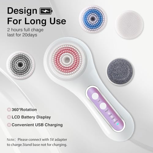Electric Facial Cleansing Brush with 2-Way Rotation & 5 Heads