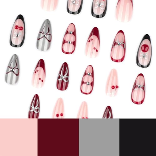 Cherry Bow Press On Nails Almond Glossy Chrome Metallic