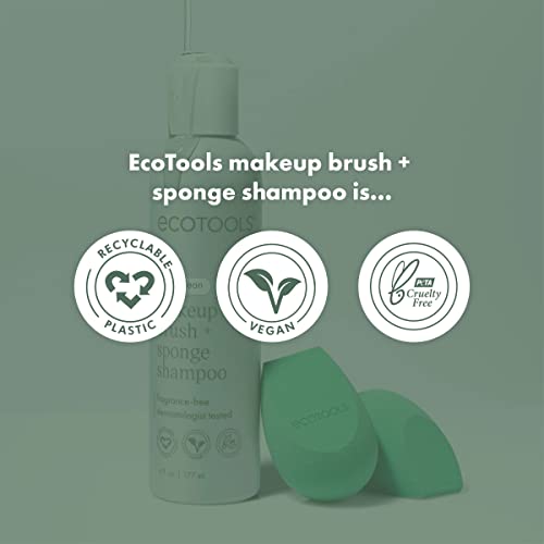 EcoTools Makeup Brush + Sponge Shampoo, Remove Makeup & Impurities From Tools, Sponges, & Puffs, Fragrance-Free Brush Cleanser, No Harsh Chemicals, Vegan, & Cruelty-Free, 8 fl. oz./236 ml. Bottle