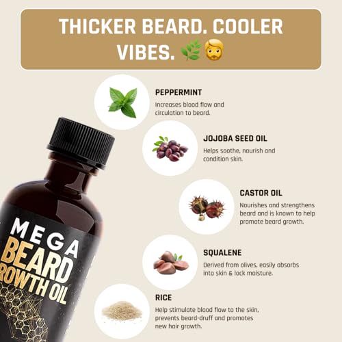 Derm Dude Mega Beard Growth Oil for Men | Formulated with Castor Oil & Jojoba Oil for Hair Growth | Promotes Thicker, Fuller Beard, Hydrates & Softens Facial Hair, Non-Greasy Grooming Treatment - 1 oz